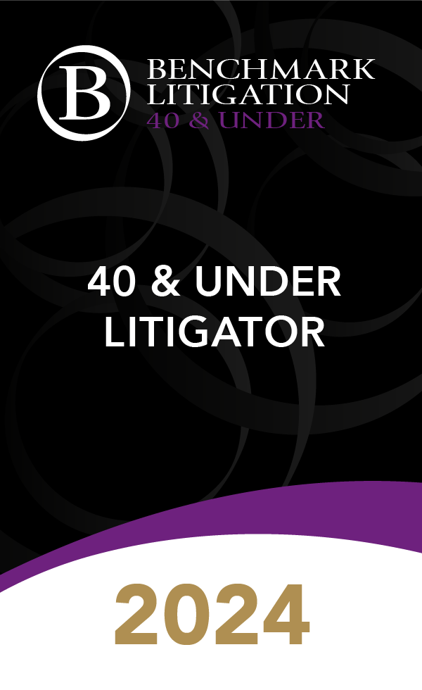 Logo badge recognizing Benchmark Litigation's 40 & Under in Litigation for 2024